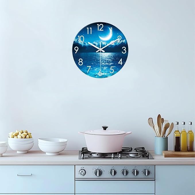 XFM Blue Moon Clock Kitchen Decorative Wall Clock Battery Operated 14 Inch Silent Wall Clock Non Ticking Glass Analog Clock