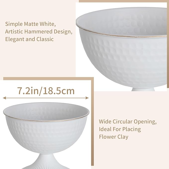 Sziqiqi Urn Vases for Wedding Centrepiece - 6in High White Metal Vase Set of 2 Small Vintage Flower Arrangement Pots for Table Centrepieces Elegant Hammered Vase for Christmas Anniversary Party