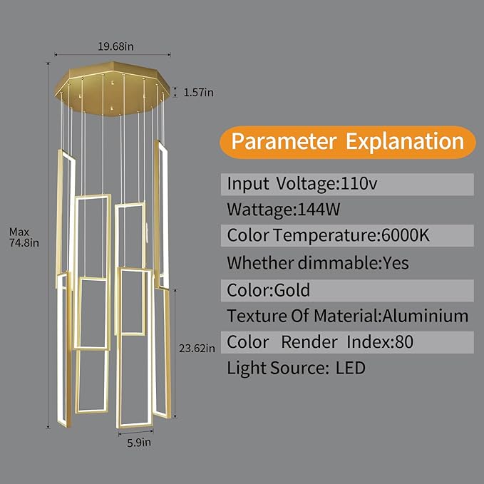 Modern Kitchen Island Dimmable Pendant Light Fixture Gold 144W LED Pendant Lights 8 Rings Rectangular Chandelier Staircase Large Chandelier Lobby Living Room Foyer High Ceiling Chandeliers