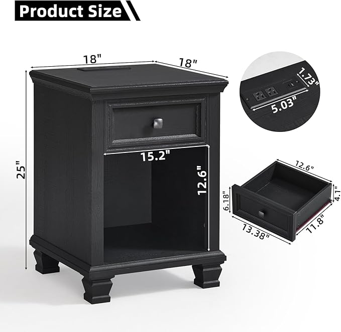 Farmhouse Side Table Set of 2 with Charging Station, Rustic Wood End Table with Drawer, Small Nightstands with Open Shelf for Bedroom, End Tables for Living Room, Black