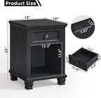 Farmhouse Side Table Set of 2 with Charging Station, Rustic Wood End Table with Drawer, Small Nightstands with Open Shelf for Bedroom, End Tables for Living Room, Black