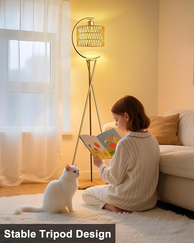 Lightdot Tripod Floor Lamp for Living Room, Gold Standing Lamp with E26 LED Bulb, Rattan Boho Floor Lamp, Farmhouse Tall Lamp for Bedroom, Arced Reading Light with Rattan& Linen Double Shades