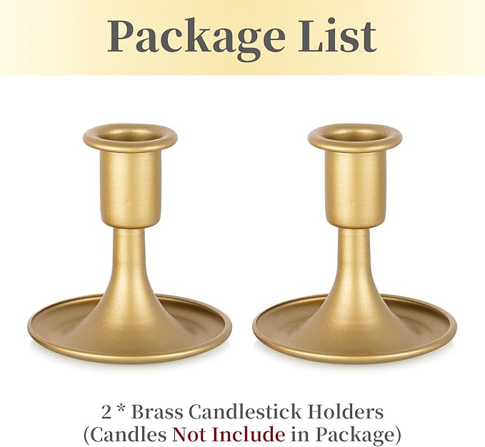 Gold Taper Candle Holder Set of 2, Hewory Short Skinny Brass Candlestick Holders, Vintage Small Low Metal Candles Sticks for Wedding Centerpieces Christmas Birthday Party Holiday Dinning Table Decor