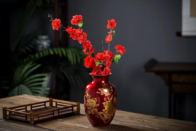 Red Vase Oriental Ceramic Flower Vases Decorated with Peony Design for Home Living Room Ornaments and Wedding Tall 9''