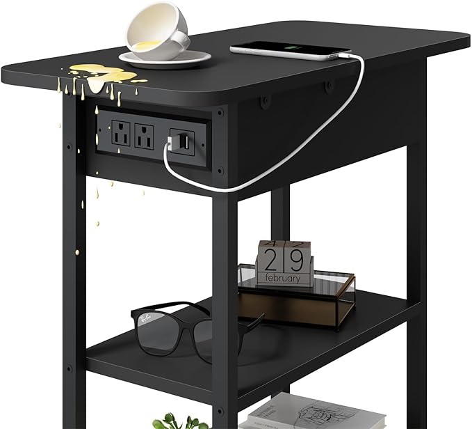LIDYUK End Table with Charging Station, Flip Top Side Table with USB Ports and Outlets, Nightstand for Small Spaces, Bedside Tables with Storage Shelf for Living Room, Bedroom, Black