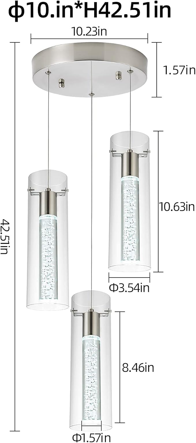 Kitchen Lighting Pendant Fixtures 3-Light LED Pendant Ceiling Fixture Brushed Nickel Bubble Cylinder Pendant Light with Adjustable Length for Kitchen Island Dinning Room Bedroom