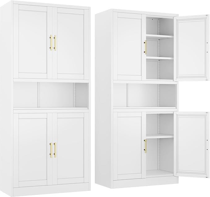 Tall Pantry Cabinet 67" H Metal Cabinet with 4 Doors, Bathroom Cabinets, 3 Adjustable Shelves for Kitchen, Home Office, Living Room, Dinning Room