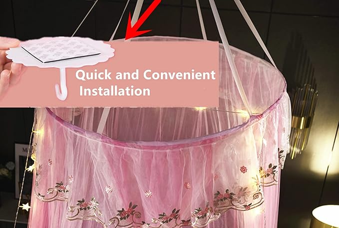 VETHIN Princess Bed Canopy for Girls Double Layer Sheer Mesh Dome Elegant Embroidery Lace Mosquito Net Bed Curtain for Full Queen King Bed with led Stars String Lights(Pink/White-1)