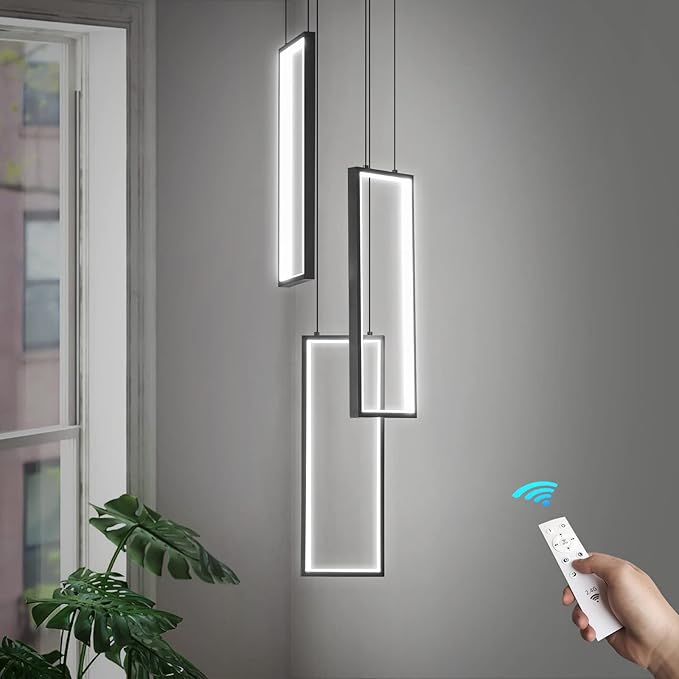 Modern Kitchen Pendant Light Fixture Black 40W LED Pendant Lighting 3 Rings Rectangle Chandelier for Kitchen Island Living Room Dining Room Bedroom