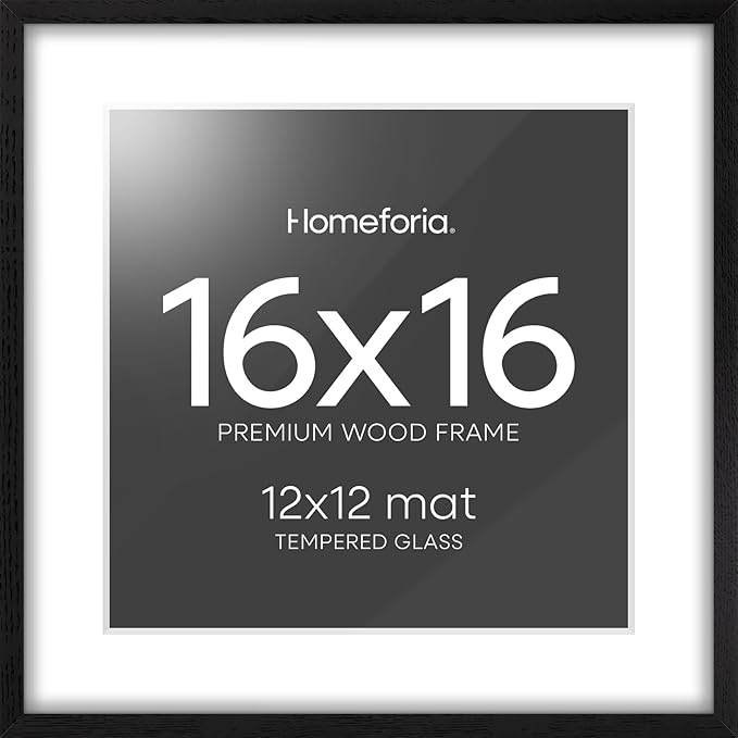 Homeforia 16x16 Black Wood Frame, High End Oak 16 x 16 Square Picture Frames with Mat 12 by 12 inches Photo, 16by16 Black Wooden Poster Frames Matted to 12x12 Print, Tempered Glass, Wall Kit, Set of 1