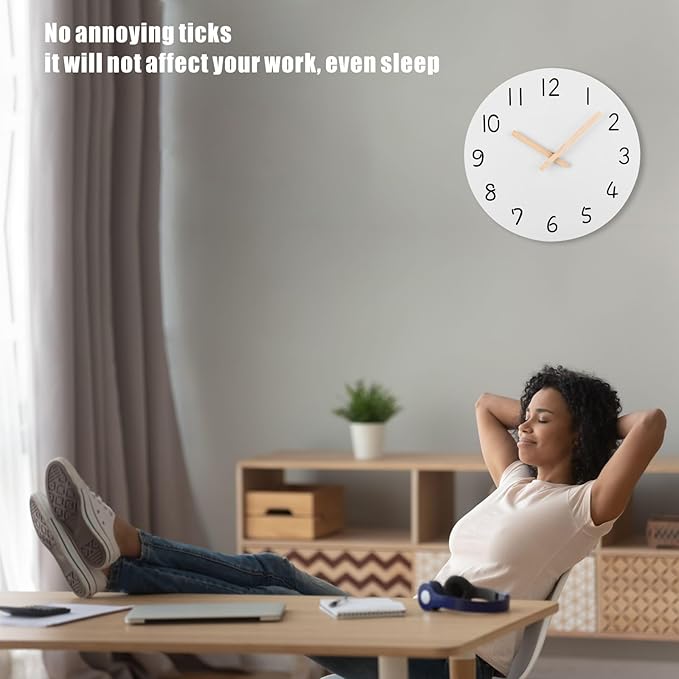 Plumeet 16'' Extra Large Wall Clock Frameless Wooden Clocks with Silent Quartz Movement - Modern Style Village Wall Clocks Decorative Home Kitchen - Battery Operated (White)