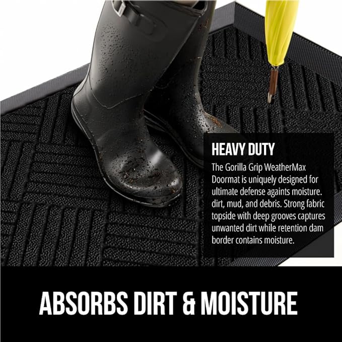 GORILLA GRIP 100% Waterproof All-Season WeatherMax Doormat US Designed Natural Rubber, Stain and Fade Resistant, Low Profile Indoor Outdoor Door Mats, Easy Clean Patio Mat, 23x35, Black Diamond