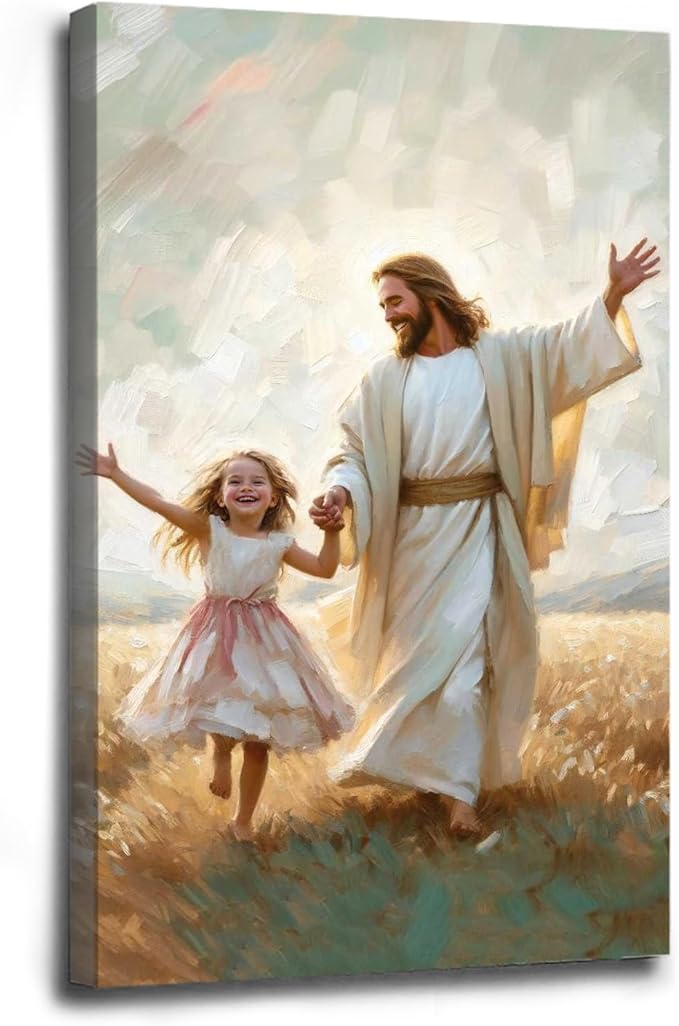 XWNLTEPK Dancing Day Christian Painting Jesus With Girl Christian Wall Art Bible Jesus Dancing With Little Girl Print Canvas Wall Art Poster
