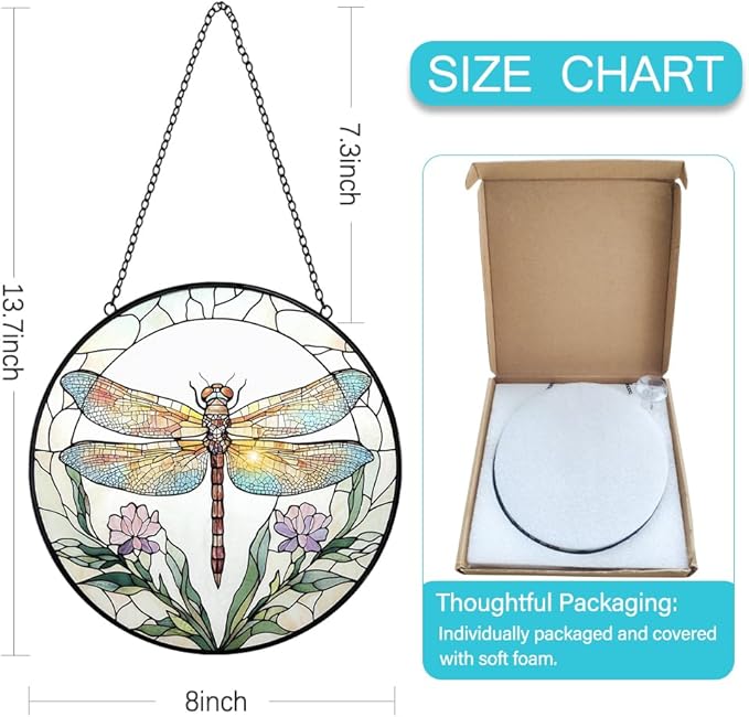 Dragonfly with Flower Suncatcher Stained Glass Window Hanging - 8” Stained Glass Suncatchers for Windows - Sun Catchers Indoor Window Catcher with Hooks and Chain - Birthday Gifts for Mom Grandma