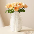White Matte Ceramic Leaf-Shaped Vase – BEAHOT Modern Minimalist Decorative Flower Vase with Embossed Leaf Texture for Table Centerpiece, Home & Office Decor