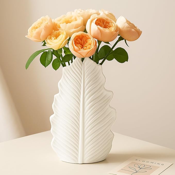 White Matte Ceramic Leaf-Shaped Vase – BEAHOT Modern Minimalist Decorative Flower Vase with Embossed Leaf Texture for Table Centerpiece, Home & Office Decor