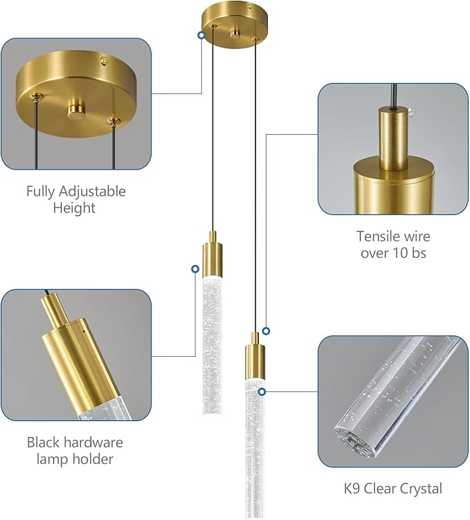 Modern Light Fixture Kitchen Island Pendant Light Dimmable LED Gold Pendant Lights Mini Crystal Pendant Lighting for Bedroom Dining Room Living Room（2-Light ）