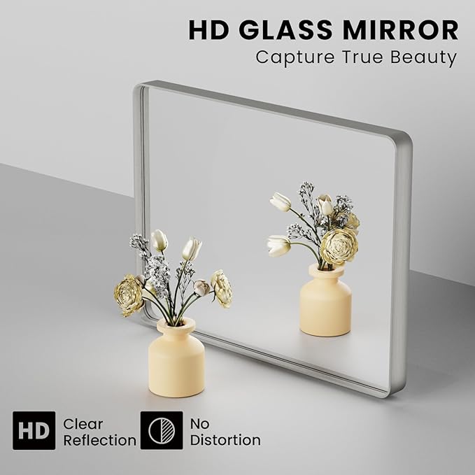 Brushed Nickel Bathroom Mirror 36x36 Inch, Brushed Silver Metal Frame Mirror Wall Mounted, Rounded Bathroom Vanity Mirror, Tempered Glass, Anti-Rust, Horizontal/Vertical