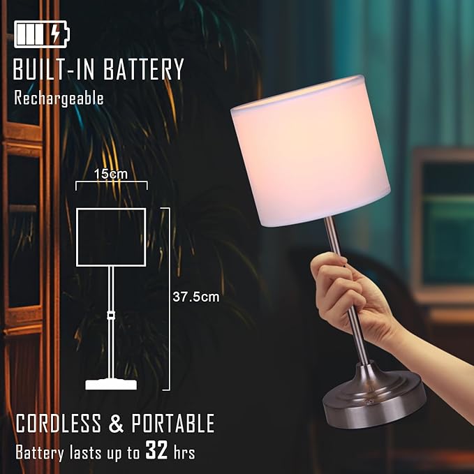 Rechargeable Battery Powered Table Lamp, Wireless LED Lamps, Cordless Touch Lamps, Stepless Dimmable Bedside Lamps, Night Lamp for Bedroom, Dinning Room, Kitchen Decor, Office (Silver)