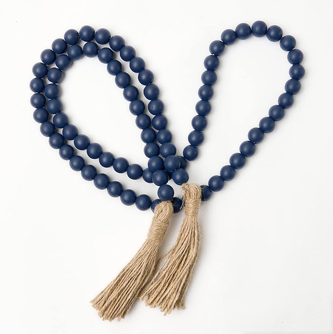 OMISHE 59in Wood Bead Garland with Tassels, Decorative Beads, Farmhouse Wooden Beads Garland for Wall Hanging Home Festival Decor, Navy Blue