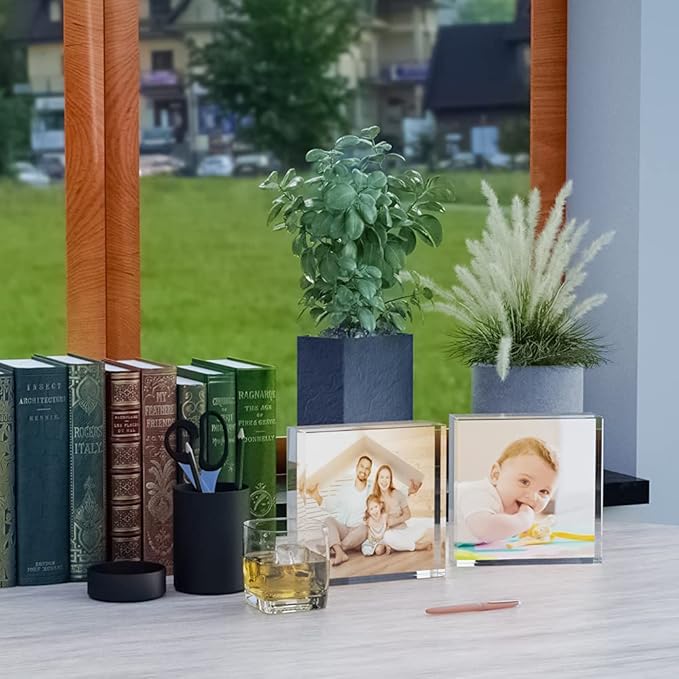 HELPLEX Acrylic Frames, 2 Pack 4x4, 20mm Thicker Frameless Clear Frame, Double Sided Magnetic, Free Standing Desktop Display