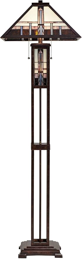 Robert Louis Tiffany Mission Southwest Tiffany Style Standing Floor Lamp with Night Light Art Deco 60.5" Tall Oiled Bronze Copper Stained Glass Shade Decor for Living Room Reading House Bedroom