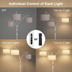 36W LED Arc Floor Lamp with 3 White Fabric Shades, 3000LM Super Bright Standing Lamp with Remote Control & Touch, Stepless Dimming, Individual Light Control for Living Room, Bedroom