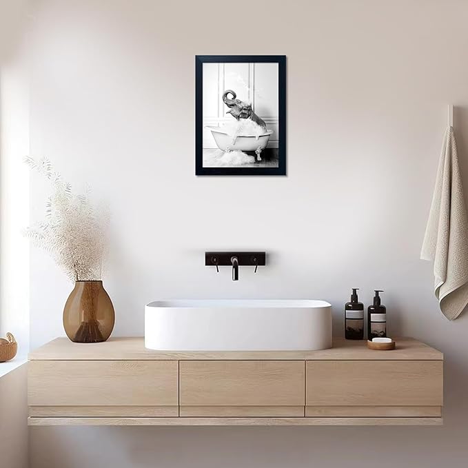 Framed Bathroom Decor Wall Art Elephant in Bathtub Pictures Wall Decor Funny Black and White Animal Canvas Print Artworks for Bathroom