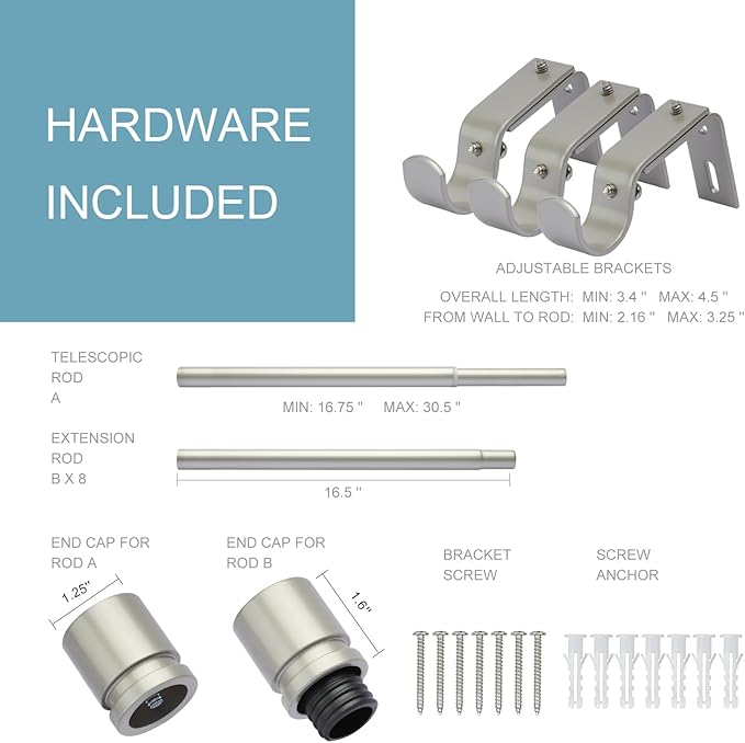 Curtain Rods for Windows 16 to 144 Inches Adjustable Length 1 Inch Diameter Window Curtain Rod with Aluminium End Cap, Brushed Nickel