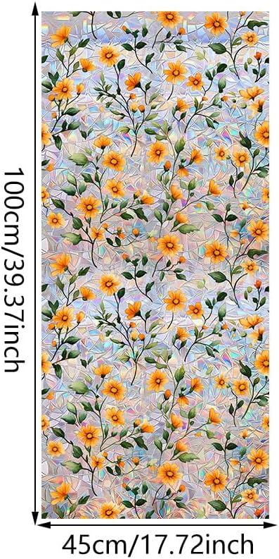 Window Film, Decorative Rainbow Yellow Flowers Stained Static Glass Window Clings Stickers for Home Office Living Room Bedroom Glass Windows Door Decor 17.72 x 39.37 Inches