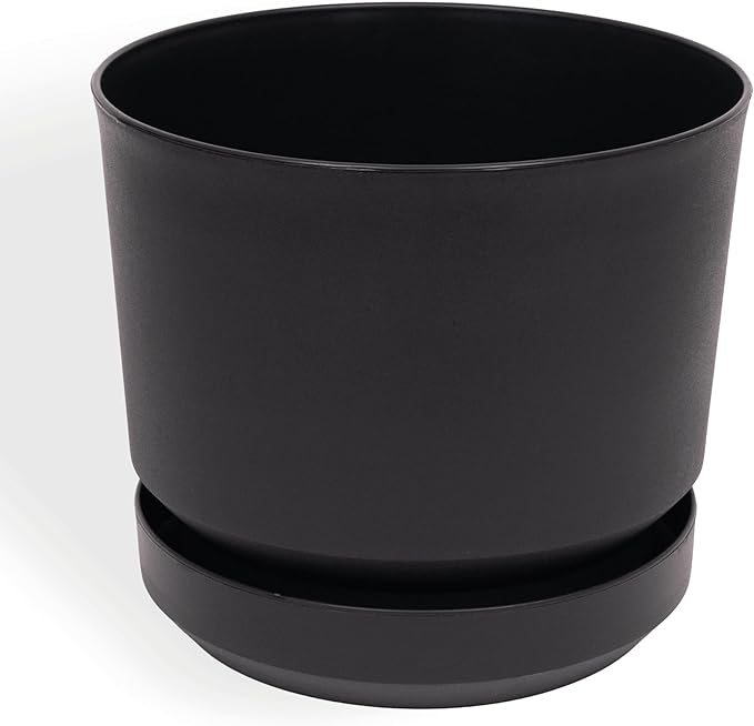 Elly Décor 8 inch Plastic Cylinder Planter Pot with Self-Watering Saucer and Drainage Hole,Lightweight & Extremely Durable, 8"x 8", Black