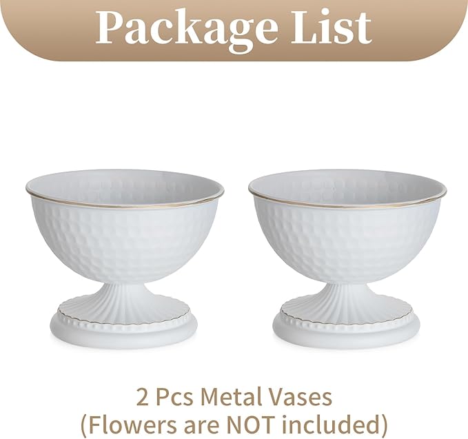 Sziqiqi White Urn Vase for Flowers - Wedding Table Decoration Centrepieces Set of 2 Vintage Metal Vases for Artificial Flowers Small Hammered Vase for Birthday Party Christmas Anniversary