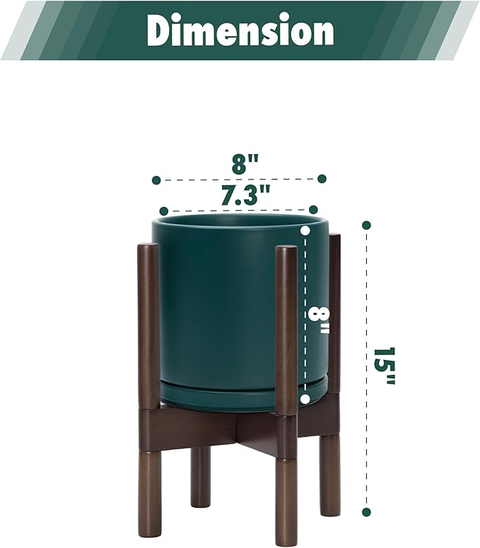 D'vine Dev Ceramic Planter with Walnut Color Stand - 8 Inch Modern Round Flower Pot with Wood Planter Holder, Teal, 55-B-Y-4