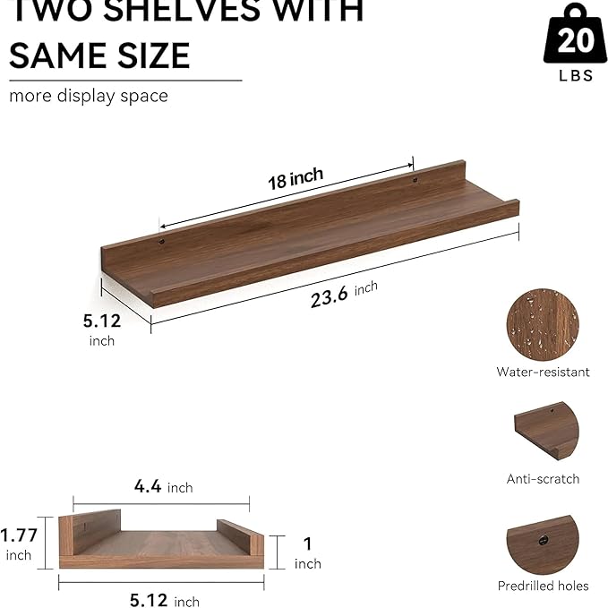 23.6 Inches Long Floating Shelves Wall Mounted, 2 Set Farmhouse Wall Shelf for Bedroom, Nursery Book Shelf with Lip, Picture Ledge Shelf for Wall Decor Living Room Bathroom Kitchen- Walnut