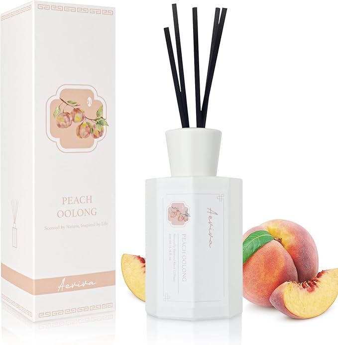 Reed Diffuser Set, Peach Oolong Scented Oil Diffuser, 6.76 fl oz (200 ml) Home Fragrance Diffuser with Reed Sticks, Air Fresheners for Home, Bathroom Shelf Decor