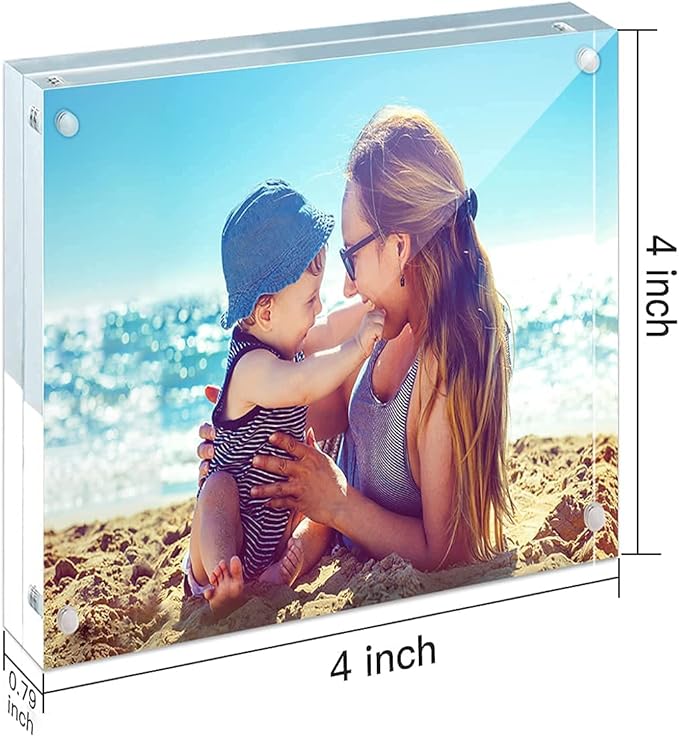 HELPLEX Acrylic Frames, 2 Pack 4x4, 20mm Thicker Frameless Clear Frame, Double Sided Magnetic, Free Standing Desktop Display