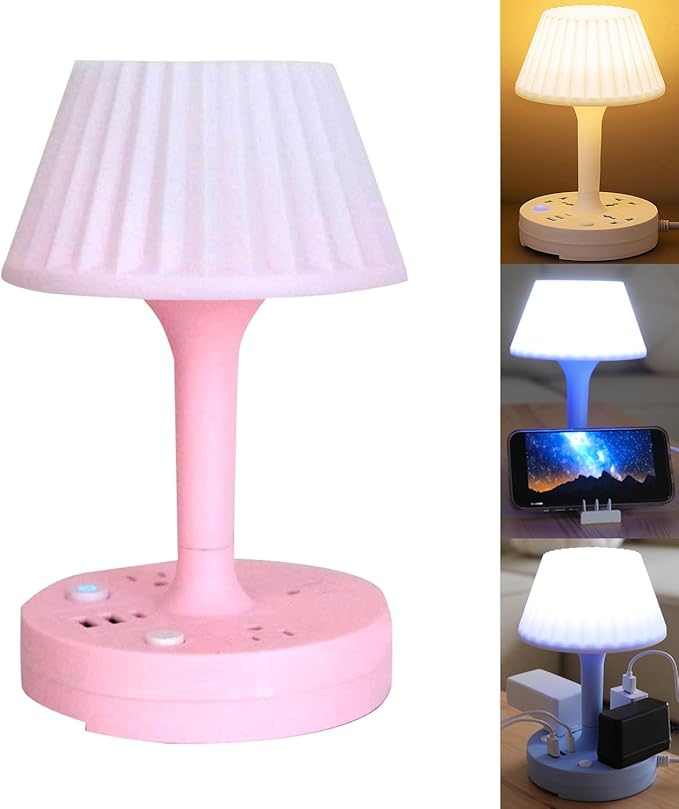 Table Lamp with USB Port and Outlet, Small Desk Lamp for Bedroom, 3-Colors Dimmable LED Lamps Eye Care Night Stand Lights, USB Charging Desk Lights for Home Office/Living Room