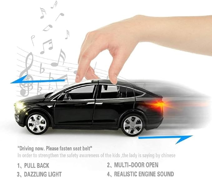 Toy Car Model X, Pull Back Car Toys Alloy Vehicles with Lights and Sound 1:32 Scale Model Car (Black)