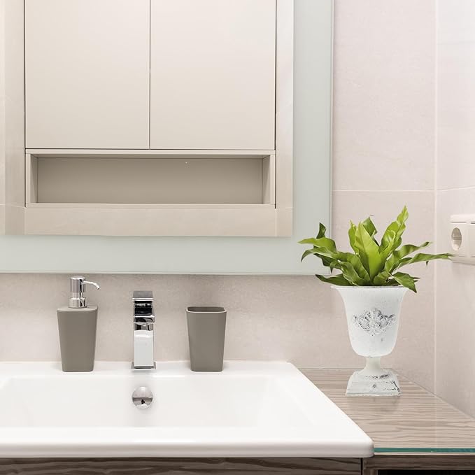 POPETPOP Tall Urn Vase Retro White Metal Urn Planter Pedestal Flower Pot Rustic Farmhouse Flower Holder for French Country Style Home Table Centerpiece Decor，5.9x5.9x7.47 inches