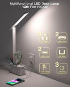 Addtam LED Desk Lamp with Pen Holder, Study Lamps with 3 Outlets 4 USB Charging Ports(2 USBC), 3 Color Modes Desk Light Touch Lamp, Small Desk Lamps for Home Office College Dorm Room Essentials