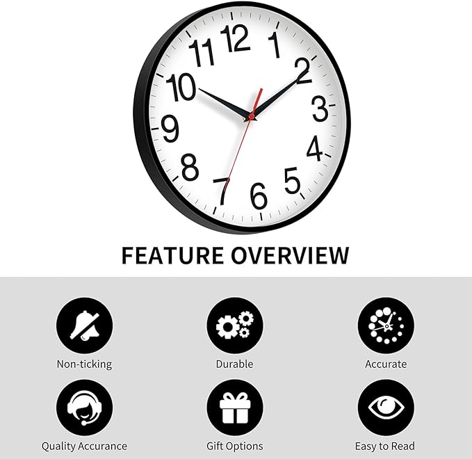 18 Inch Wall Clock, Modern Battery Operated Wall Clocks, Silent Non Ticking Large Analog Clock for Living Room, Office, Home, Bedroom, Kitchen, Bathroom(Black)