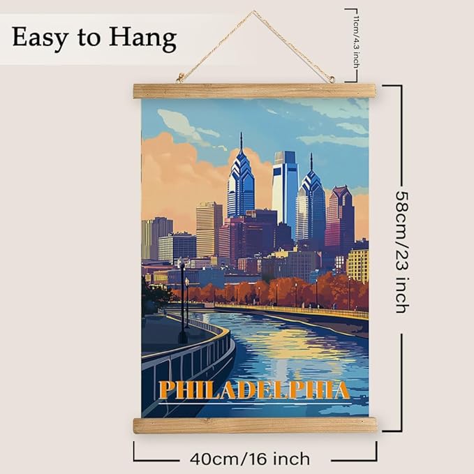 WREVERW Vintage Philadelphia Poster Canvas Print with Wooden Hanger Frame, Featuring Skyline and Schuylkill River, Wall Art for Home and Office Decor, 16x23 inches