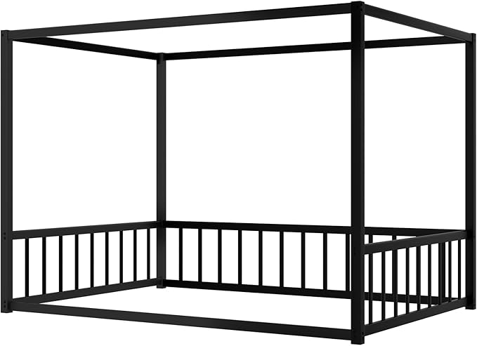 Canopy Floor Bed for Kids – Queen Size, Matte-Black Steel Frame with Safety Fence, Unisex Design for Boys & Girls, Box Spring Required, Quick Assembly (Queen)