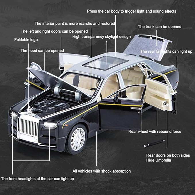 Alloy Collectible Rolls-Royce Phantom Model Toy Car, 1/32 Scale Diecast Car Model Pull Back Vehicles Phantom Toy with Sound & Light, Car Logo Can be Folded