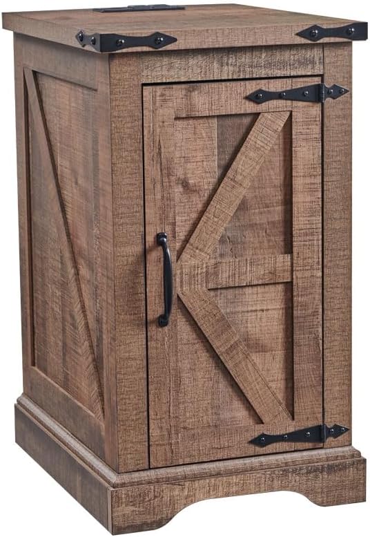 JXQTLINGMU Farmhouse Nightstand Set of 2 with Charging Station, 17"D Rectangular End Table with Barn Door & Adjustable Storage Shelf, Wood Rustic Sofa Side Table for Living Room, Bedroom, Light Brown