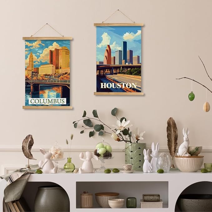 WREVERW Vintage Columbus Poster Canvas Print with Wooden Hanger Frame, Featuring Scioto River Bridge and Iconic LeVeque Tower, Wall Art for Home and Office Decor, 16x23 inches
