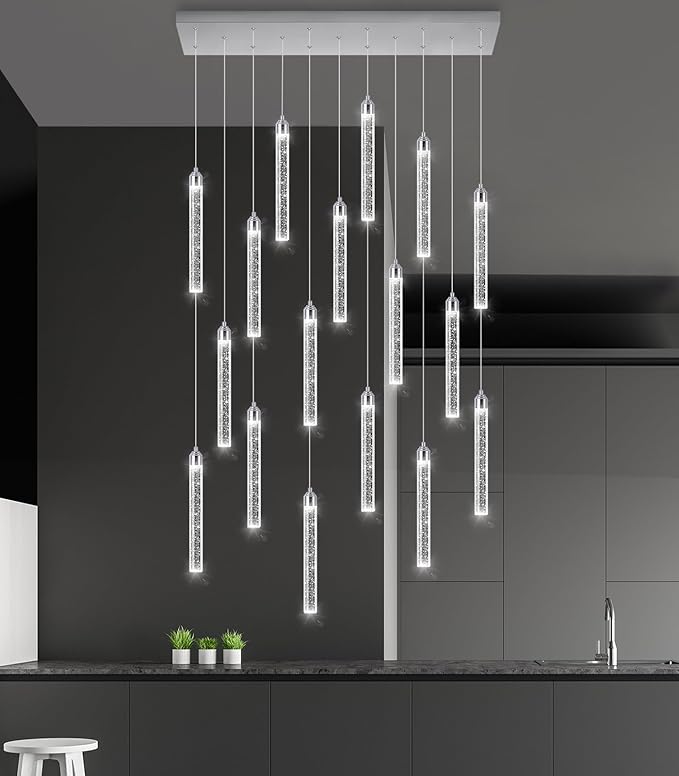 Rectangular Chandeliers 17-Lights Long Light for Entryway LED Dimmable Chandeliers Lighting Fixture Flat Sloped High Ceiling Pendant Lights Crystal for Living Room Foyer Hallway Staircase Silver