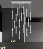 Rectangular Chandeliers 17-Lights Long Light for Entryway LED Dimmable Chandeliers Lighting Fixture Flat Sloped High Ceiling Pendant Lights Crystal for Living Room Foyer Hallway Staircase Silver