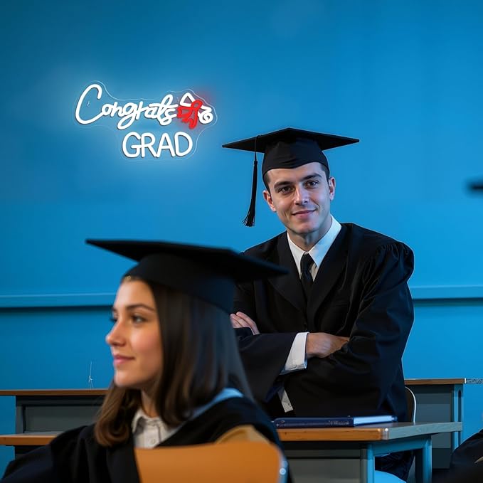 WLHOPE Congrats Grad Neon Sign with Scroll 16.54'' x 9.45'' Graduation Decorations 2025 Adjustable White Red LED lights for Party College High School Class Graduation Gifts