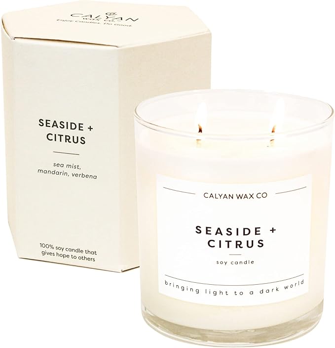 Calyan Wax Co. 2 Wick Candle, Seaside + Citrus Scented Candle, 37 Hour Burn Time, Aromatherapy Soy Candles, Non Toxic & Vegan Soy Wax, Glass Tumbler Scented Candles, 8.8oz